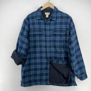 LL BEAN Shirt Mens L Fleece Lined Flannel Plaid Button Up Shacket Cotton Blue